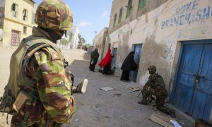 Photo: Soldiers of the Kenyan Contingent serving with the African Union Mission in Somalia in the southern Somali port city of Kismayo.