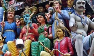 Many colourful figures of Hindu gods are shown