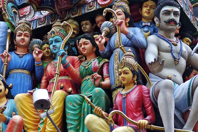 Many colourful figures of Hindu gods are shown