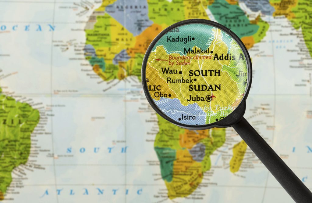 Map of Republic of South Sudan through magnifying glass